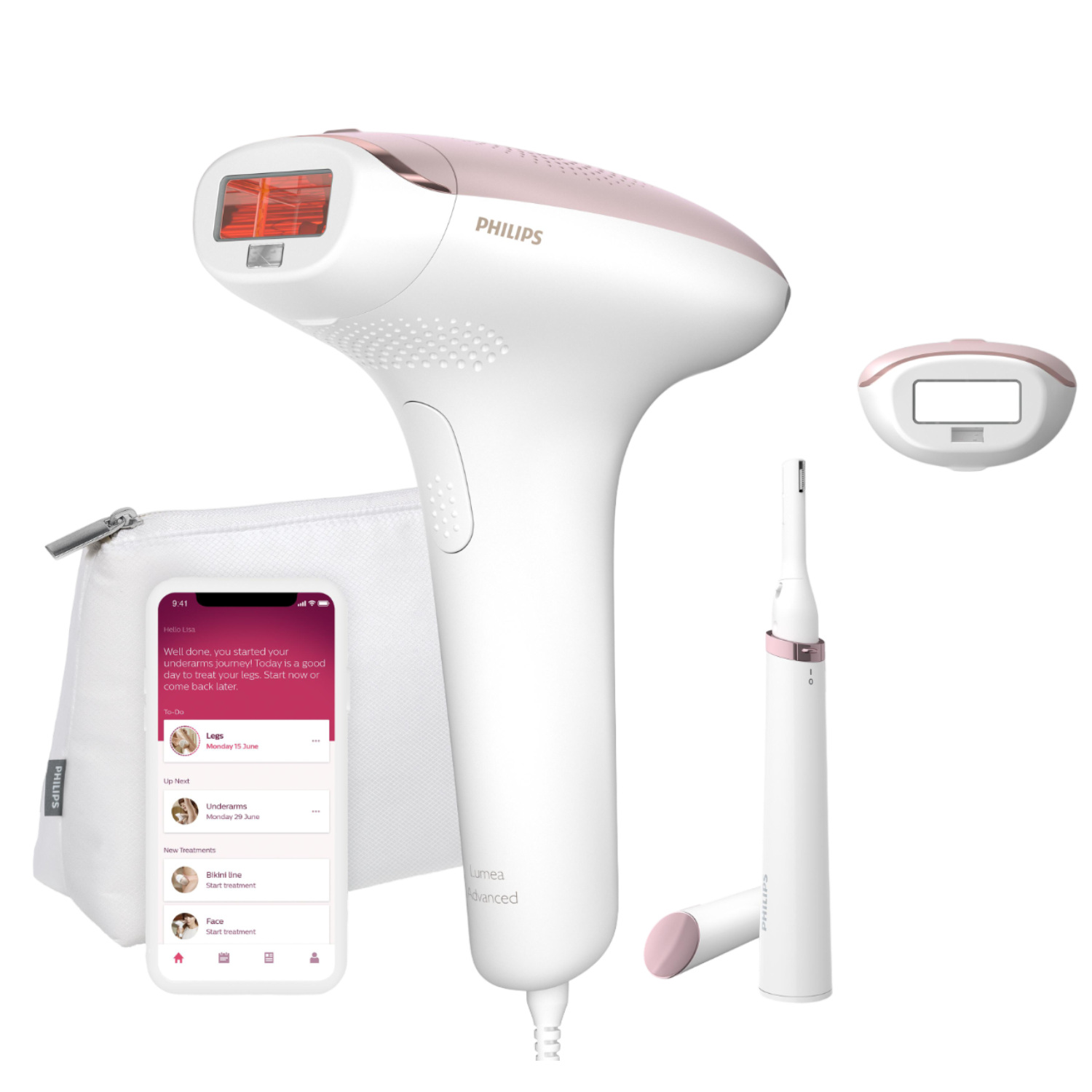 Een Philips Lumea Advanced ontharingsapparaat met accessoires: een tas en andere tools.
