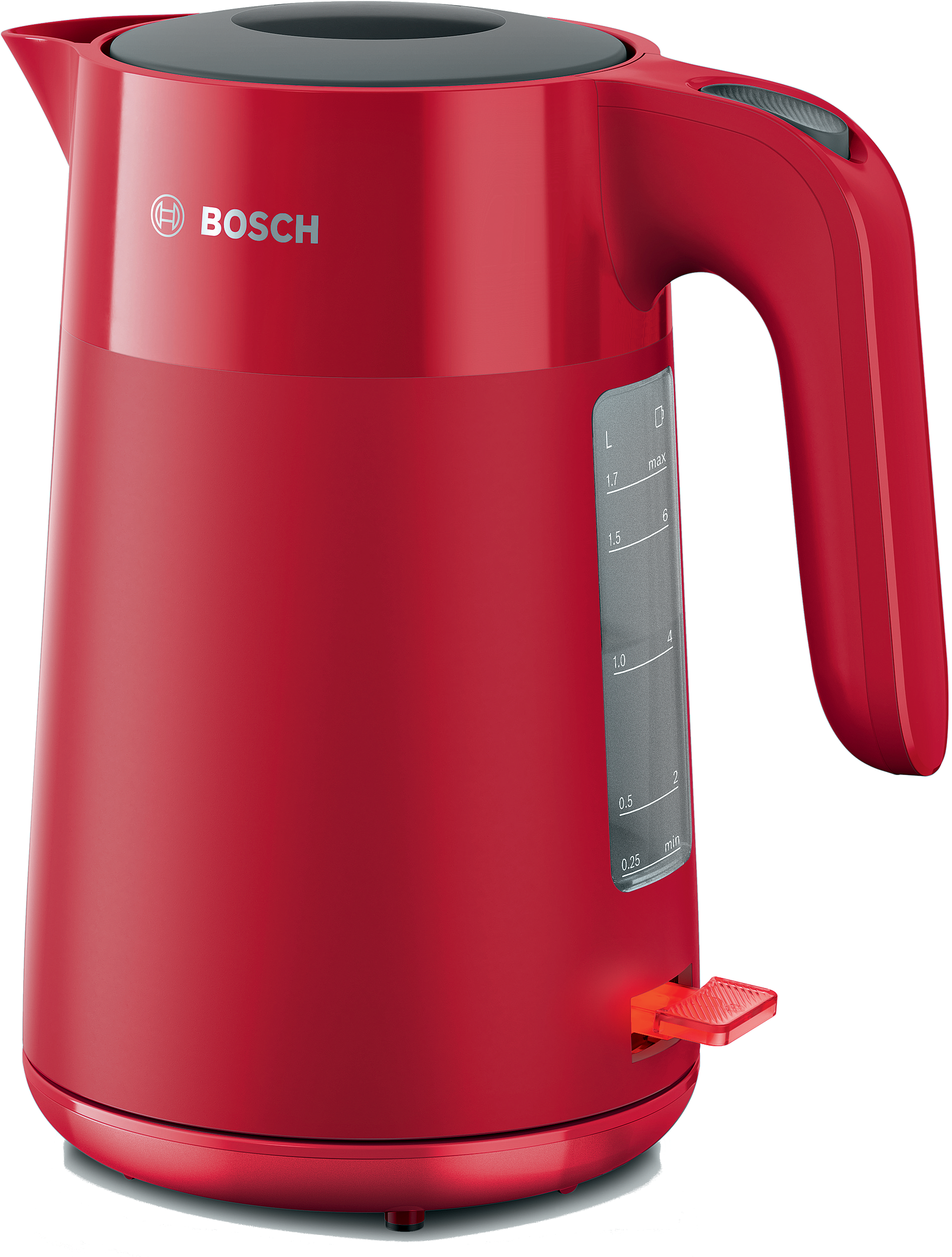 Roter elektrischer Wasserkocher mit schwarzem Deckel. Mit Wasserstandsanzeige und Griff.