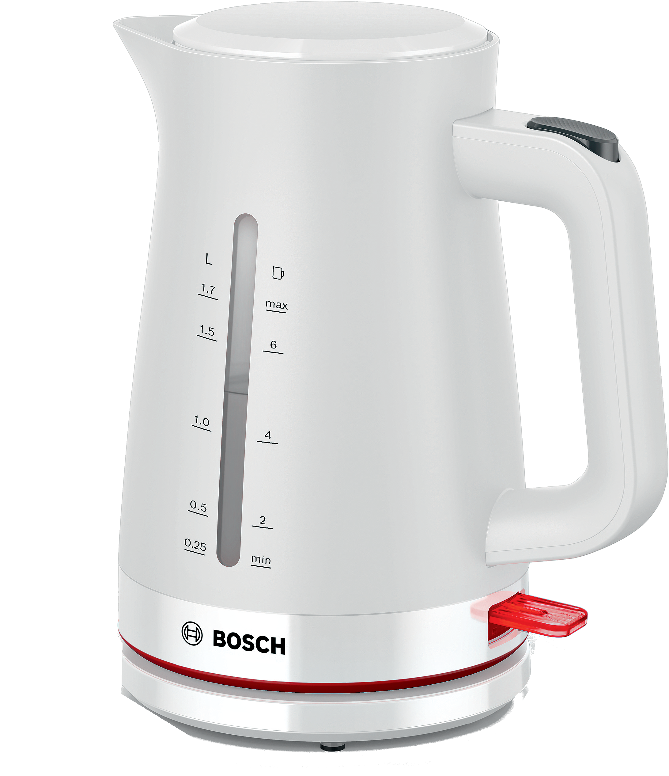 Ein weißer Wasserkocher mit rotem Sockel und Wasserstandsanzeige an der Seite.