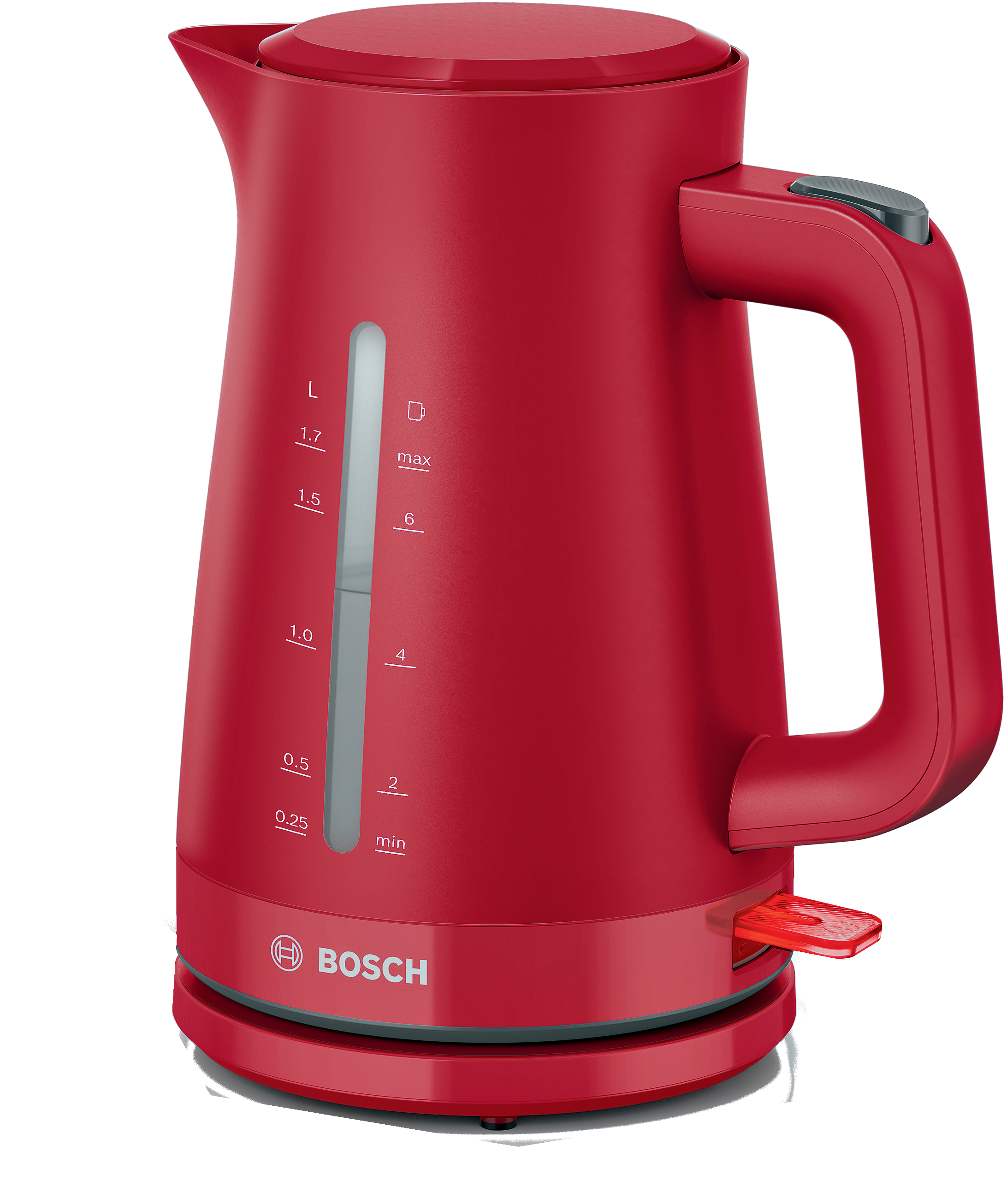 Roter Wasserkocher auf roter Basis. Es hat eine Wasserstandsanzeige und einen Griff.