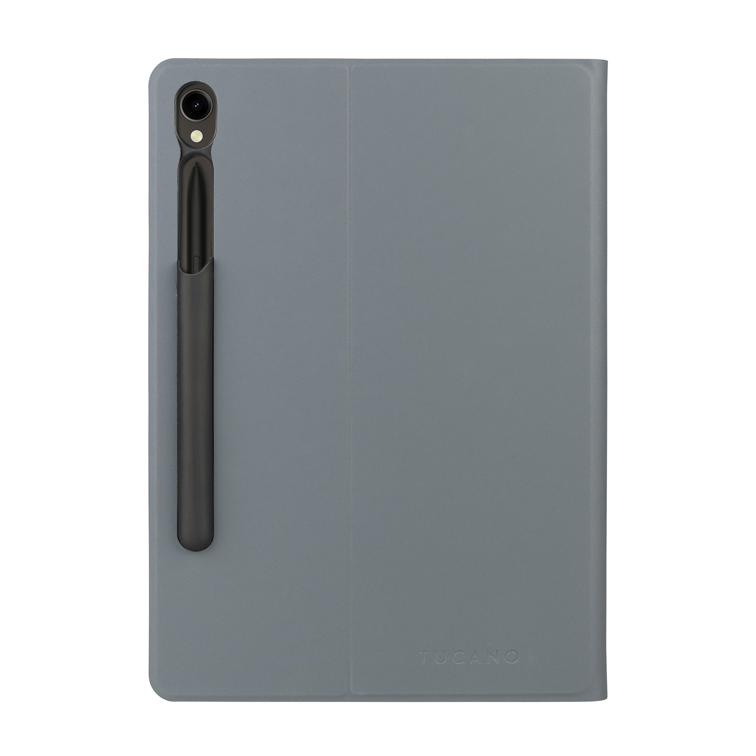 Custodia grigia per tablet con portapenne. È inserita una penna stilo nera. Il logo Tucano è visibile.
