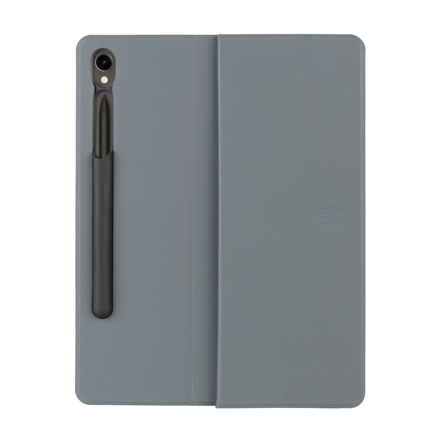 Custodia per tablet grigia con un porta stilo e uno stilo all'interno.
