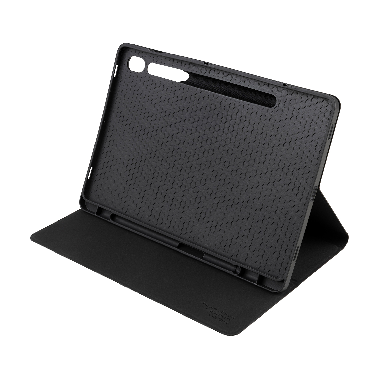 Interno di custodia per tablet nera aperto, con motivo a nido d'ape e supporto per stilo.
