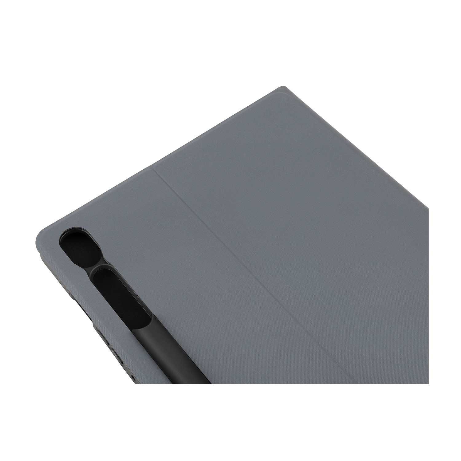 Custodia grigia per tablet con portapenne nero, primo piano su sfondo bianco.