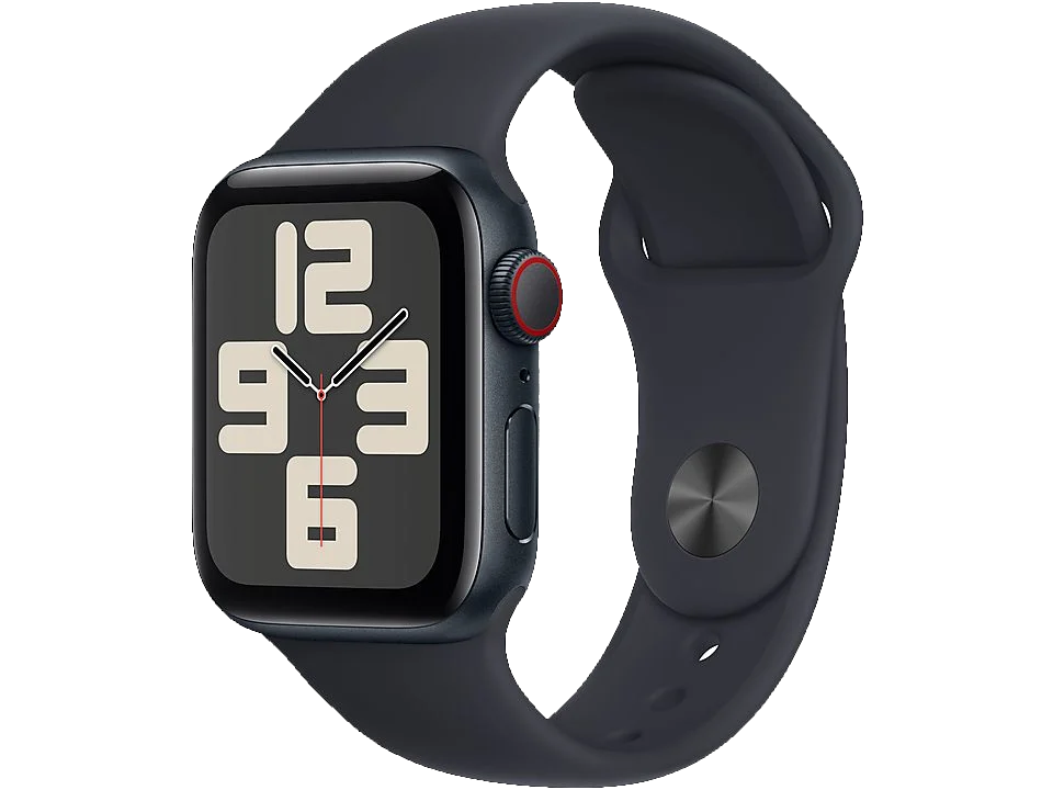 Apple Watch Series. Tiene una correa azul oscuro y una pantalla negra que muestra la hora.