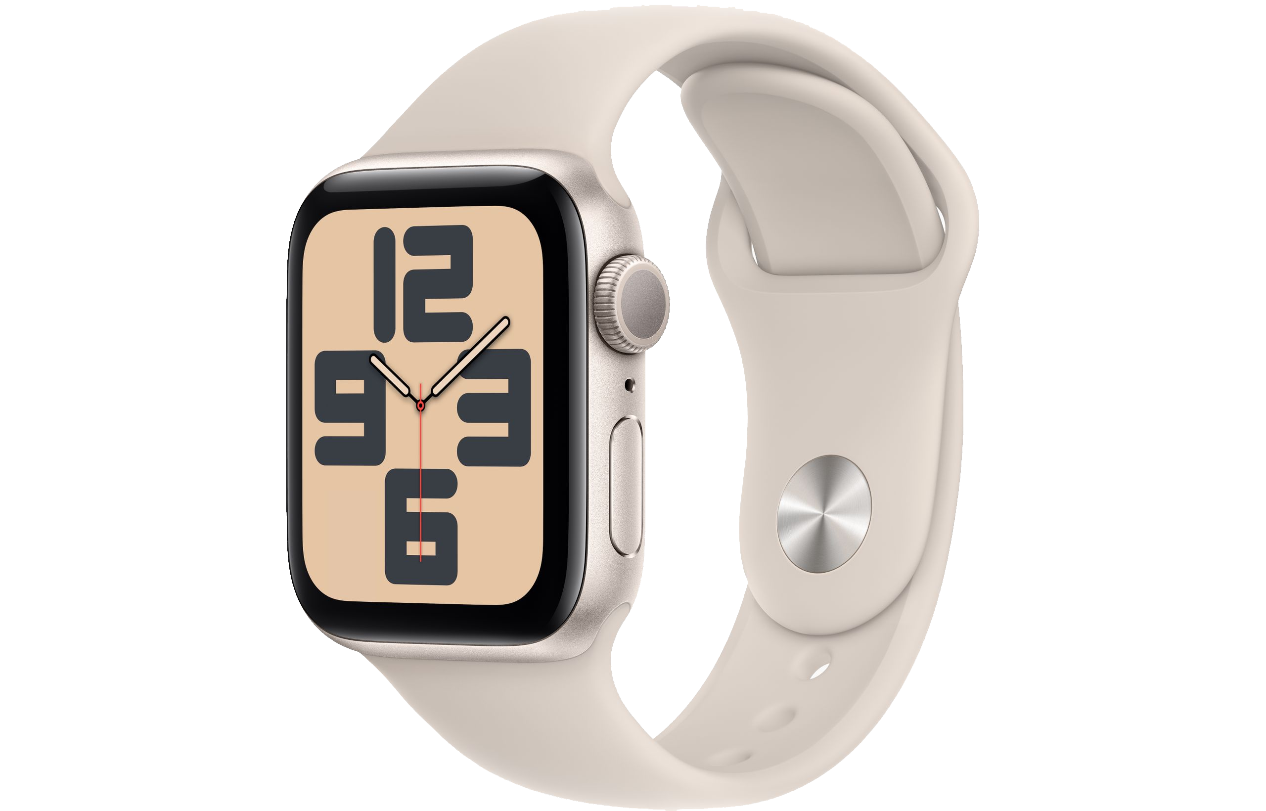 Un Apple Watch con correa beige y pantalla negra que muestra números grandes. El fondo es negro.