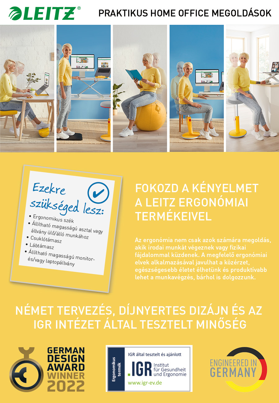 Kép szöveggel az ergonómikus irodai megoldásokról. Több képet tartalmaz egy nőről munka közben.