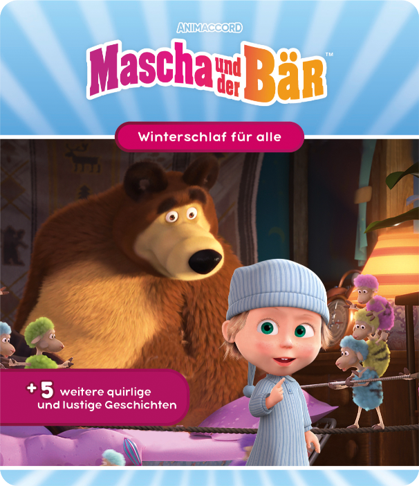 Mascha und der Bär Cartoon-Poster. Mascha im Schlafanzug, ein Bär, Schafe und Text auf Deutsch.