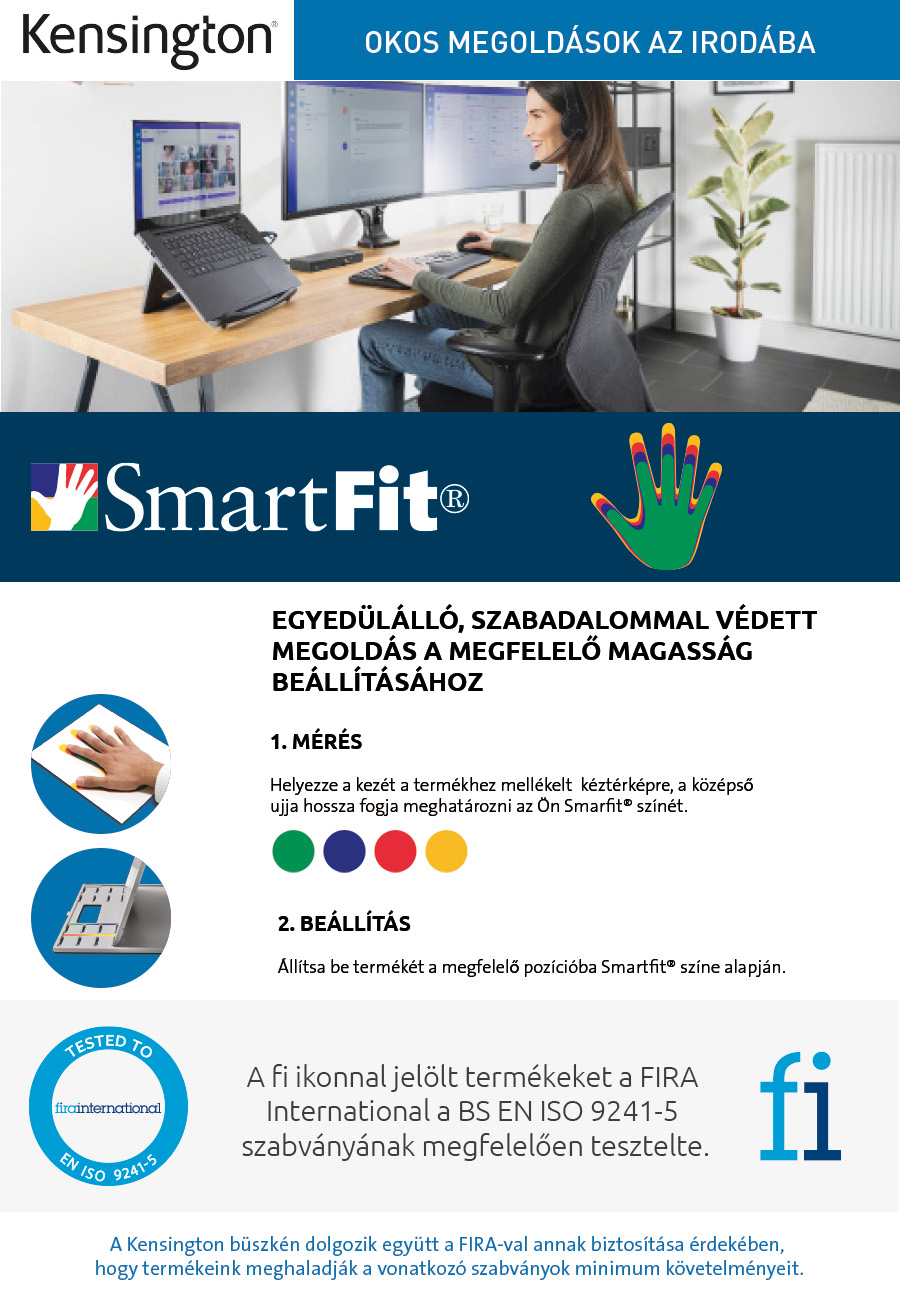 Nő az asztalnál laptopokkal és monitorokkal, headset a fején. Kensington és SmartFit logók láthatók. Magyar nyelvű szöveg.