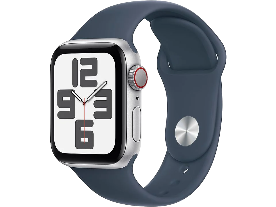 Apple Watch SE con caja plateada, correa azul y esfera blanca mostrando la hora.