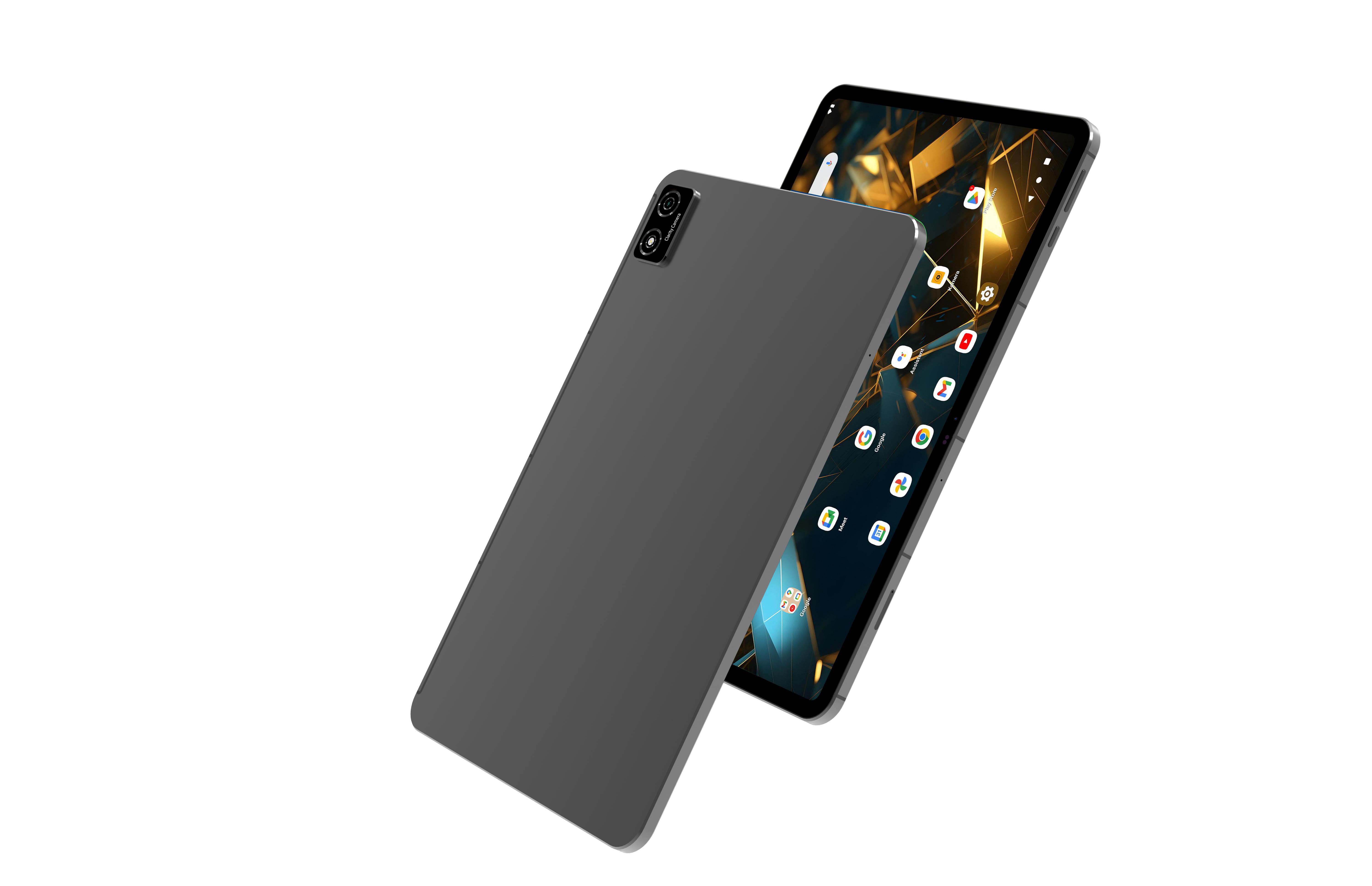 Zwei graue Tablets, eines mit Benutzeroberfläche, das andere mit Rückseite.