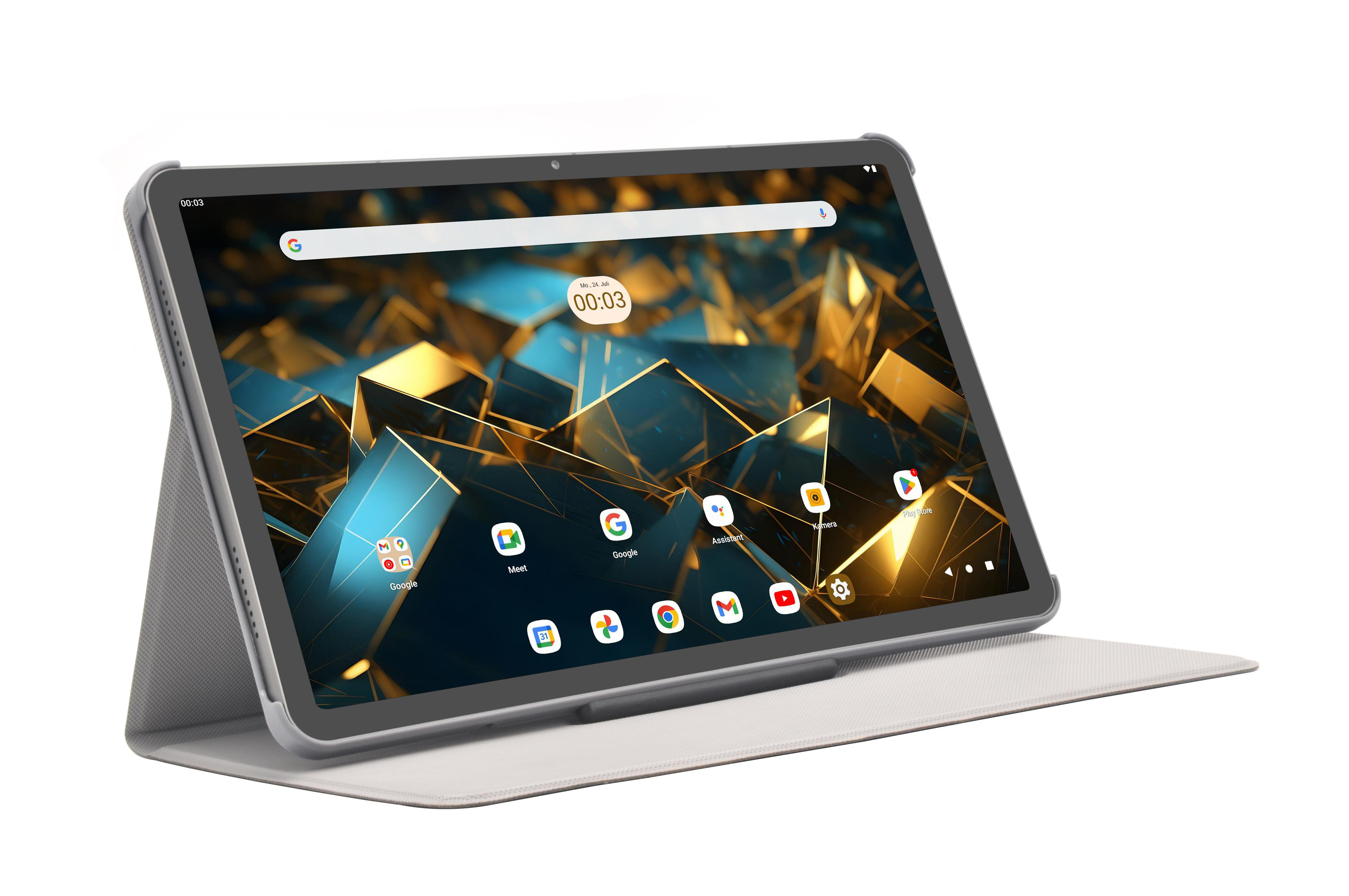 Tablet auf Ständer, geöffnet. Bildschirm mit Apps und Google-Suchleiste. Graues Gehäuse.