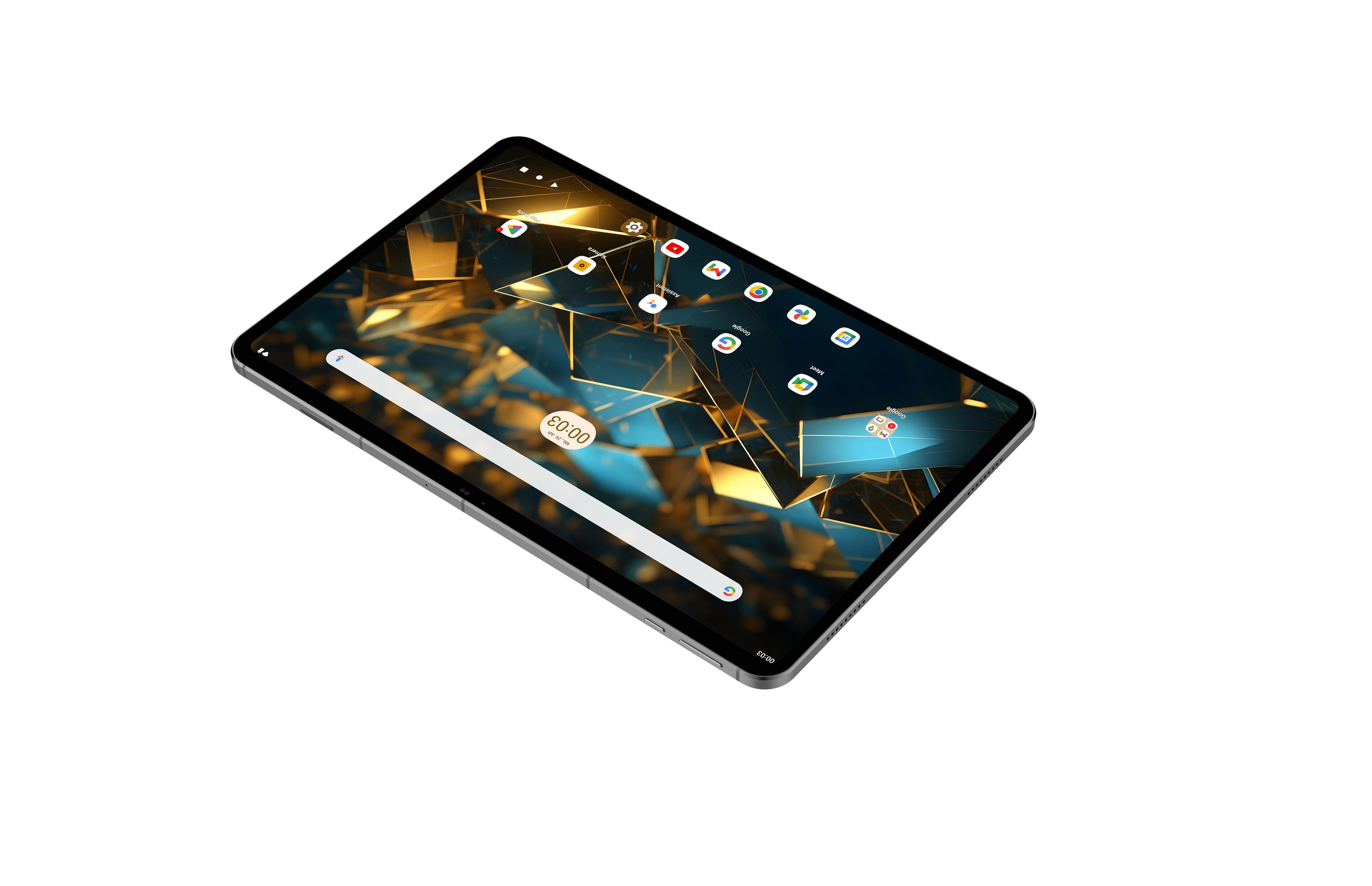 Ein Tablet auf weißer Oberfläche, zeigt einen Bildschirm mit App-Symbolen und einem kartenartigen Hintergrund, schräge Ansicht.