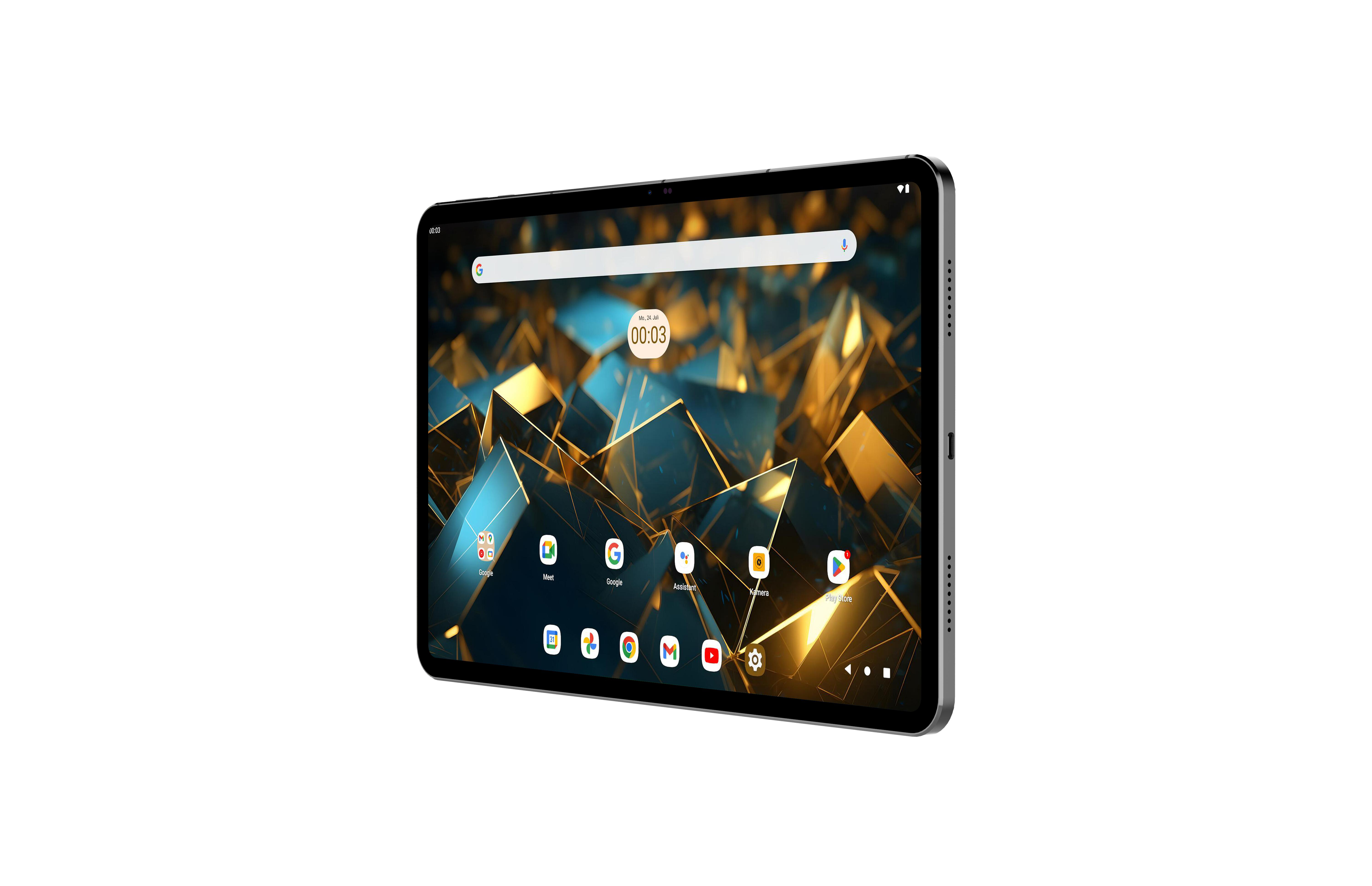 Tablet mit schwarzem Rahmen, zeigt einen Startbildschirm mit App-Symbolen. Goldfarbener, kristallartiger Hintergrund.