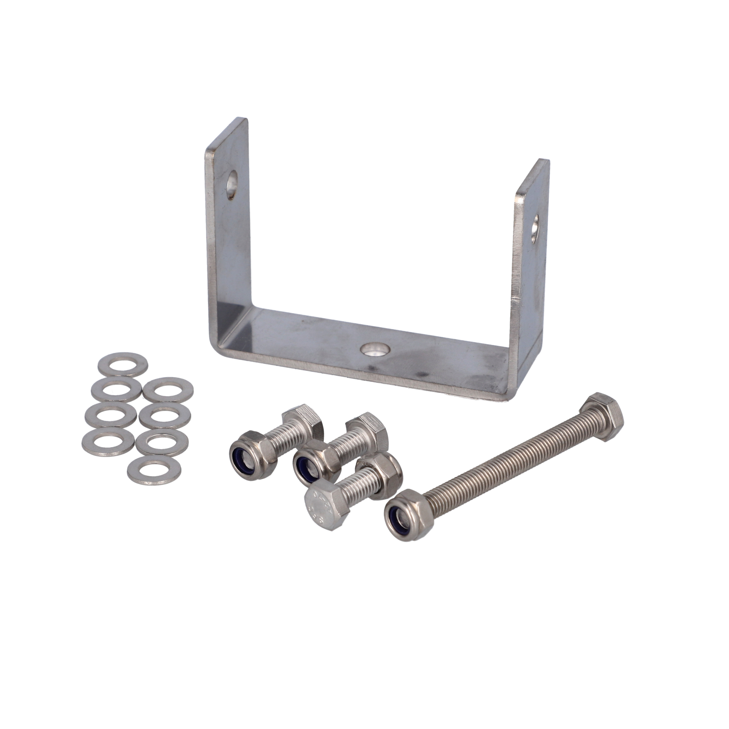 Metallwinkel mit Schrauben, Unterlegscheiben und einer langen Gewindestange, alles auf weißem Untergrund.