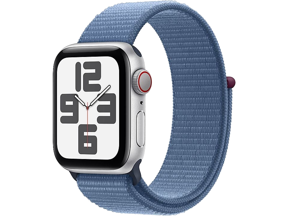 Apple Watch con correa azul y caja plateada. La esfera del reloj muestra los números.