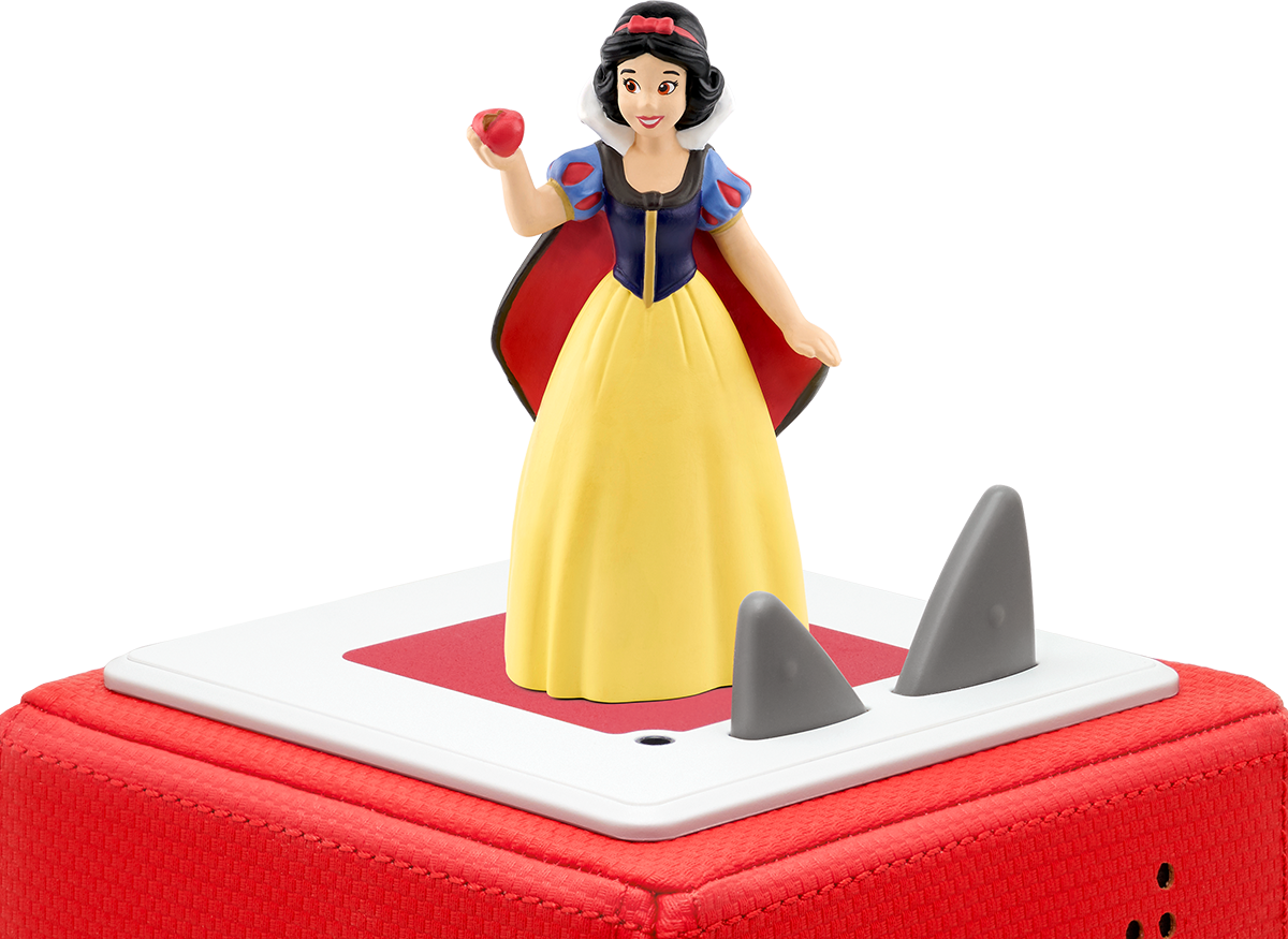 Schneewittchen-Figur mit Apfel, steht auf roter und weißer Box mit grauen Formen.