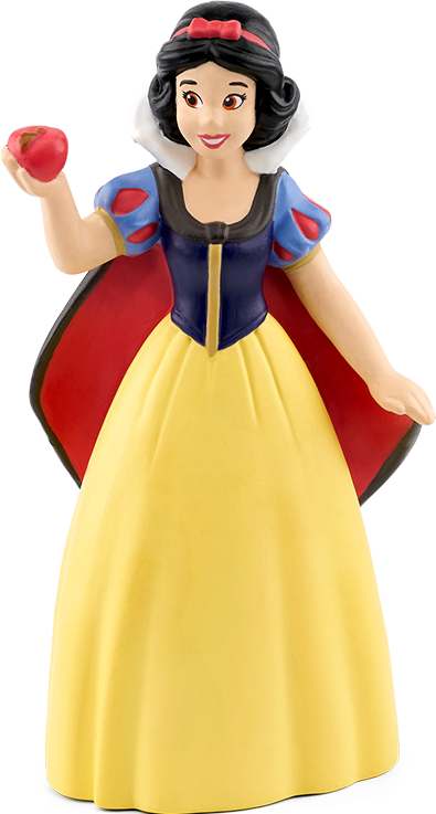 Schneewittchen-Figur, die einen roten Apfel hält. Sie trägt ein gelbes Kleid, blaue und rote Ärmel und einen roten Umhang.
