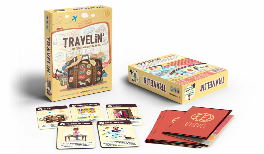 Travelin' társasjáték doboz kártyákkal és dobozzal. Tartalmaz bőrönd, útlevél és világtérkép grafikákat.