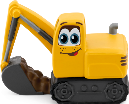 Un escavatore giallo a cartoni animati con un volto sorridente e una pala piena di terra.