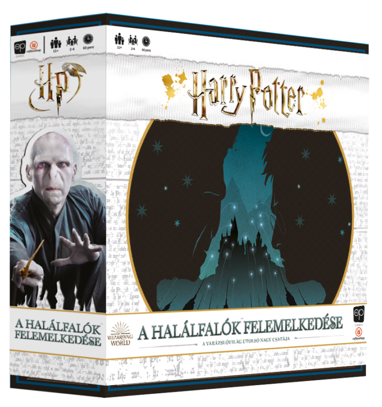 Harry Potter társasjáték doboz. Voldemort kép, éjszakai jelenet. Fehér és szürke háttér.