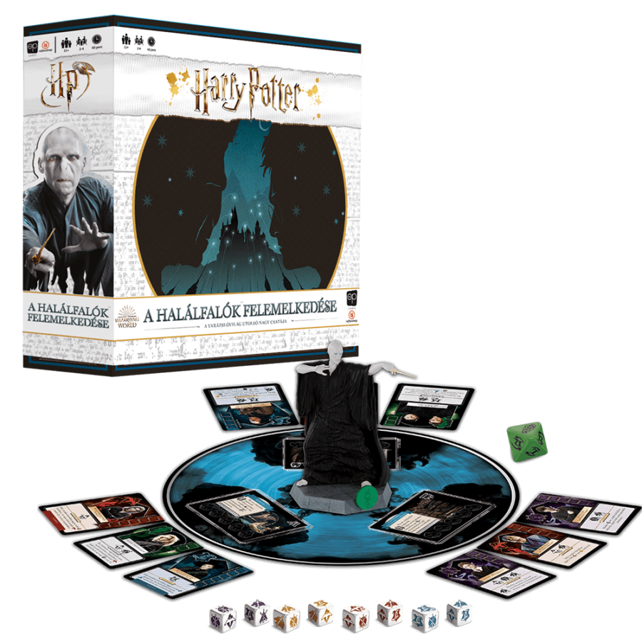 Harry Potter társasjáték Voldemort figurával, dobókockával és kártyákkal, fekete felületen.