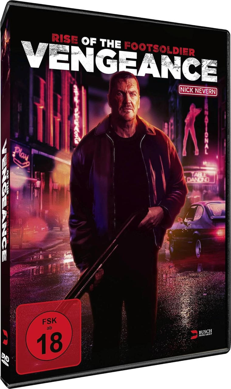 DVD-Hülle: Ein Mann hält eine Waffe in einer dunklen Gasse. Titel: Rise of the Footsoldier: Vengeance. Rote Altersfreigabe.