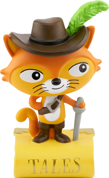 Personnage de dessin animé d'un renard avec un chapeau et une épée, sur une base jaune.