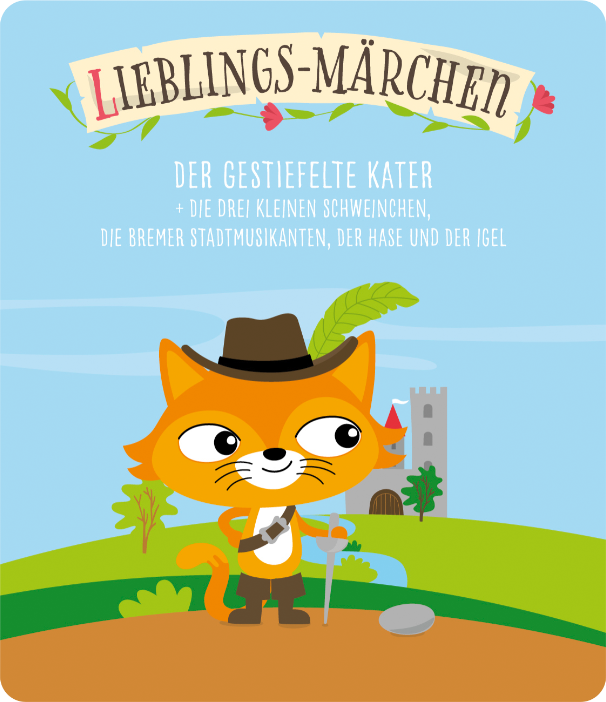 Une illustration d'un chat botté devant un château. Texte : Lieblings-Märchen.