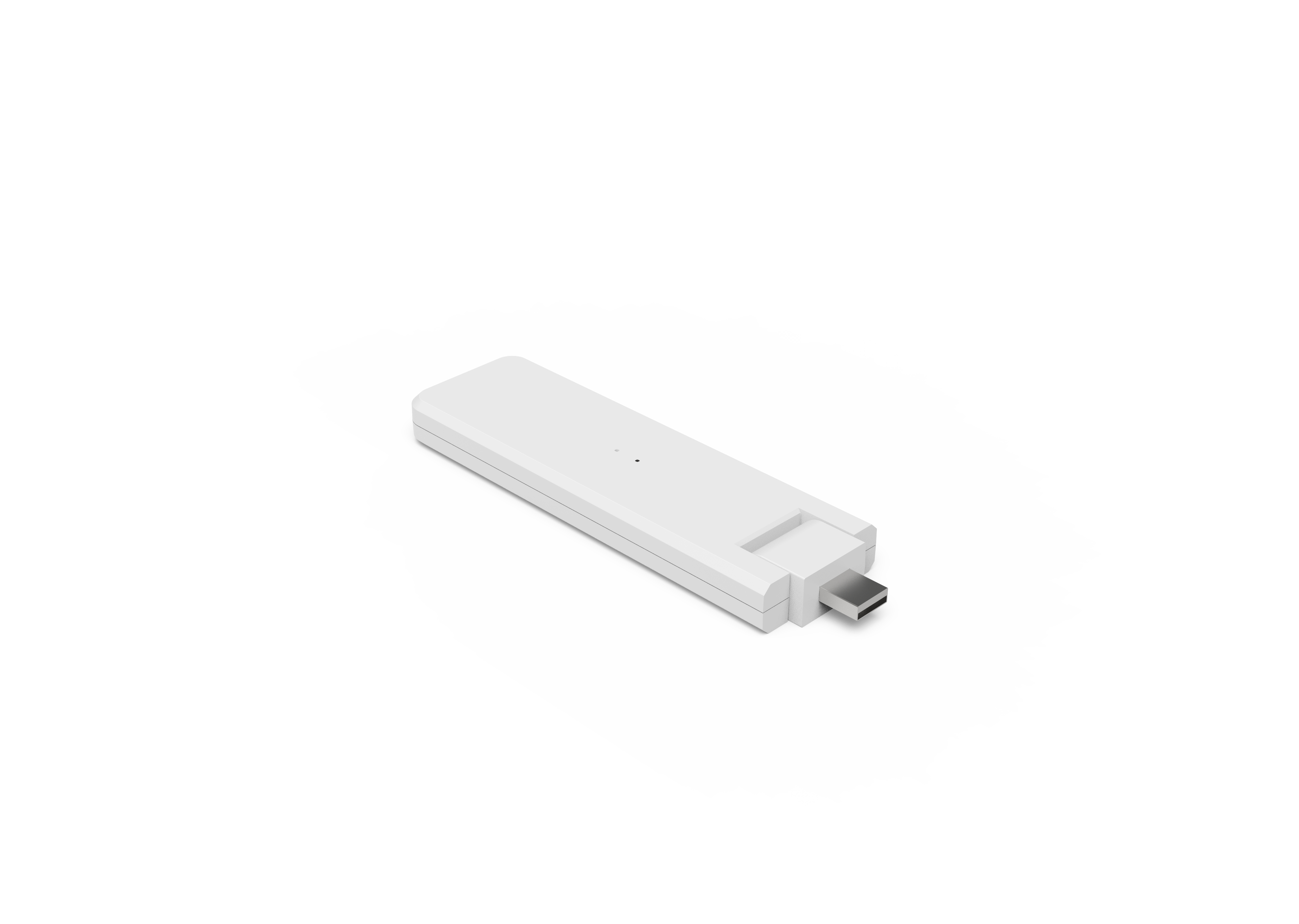 Weißes rechteckiges Gerät mit USB-Anschluss auf weißem Hintergrund.