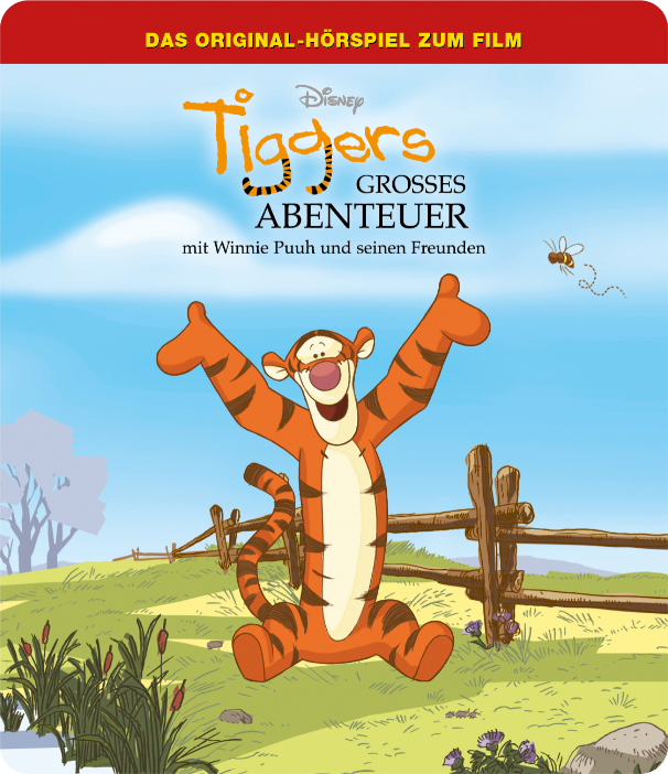 Tigger aus dem Winnie-the-Pooh-Cartoon, springt mit erhobenen Armen. Blauer Himmel und grüner Feldhintergrund.