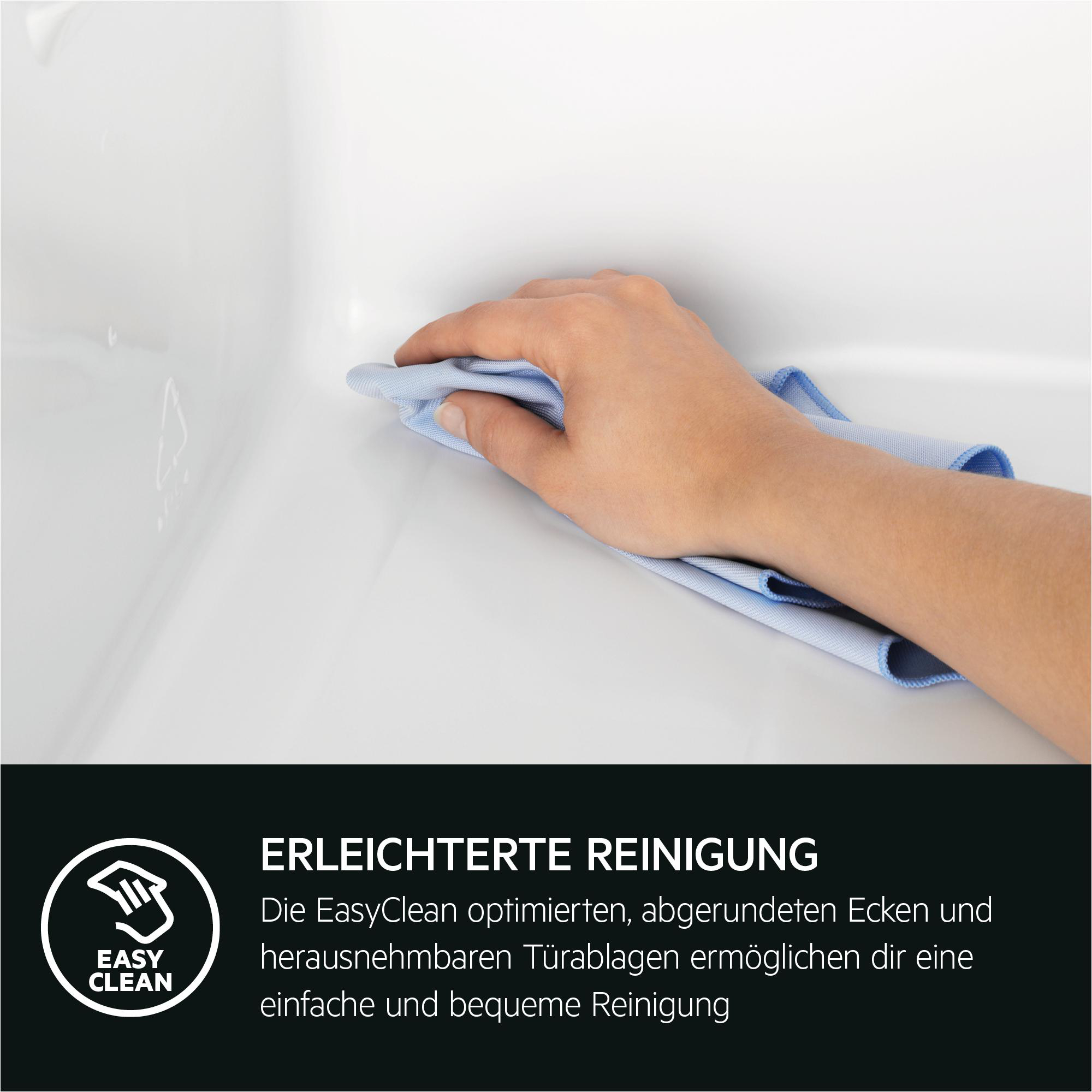 Eine Hand reinigt eine weiße Oberfläche mit einem blauen Tuch, mit Text über einfache Reinigung.