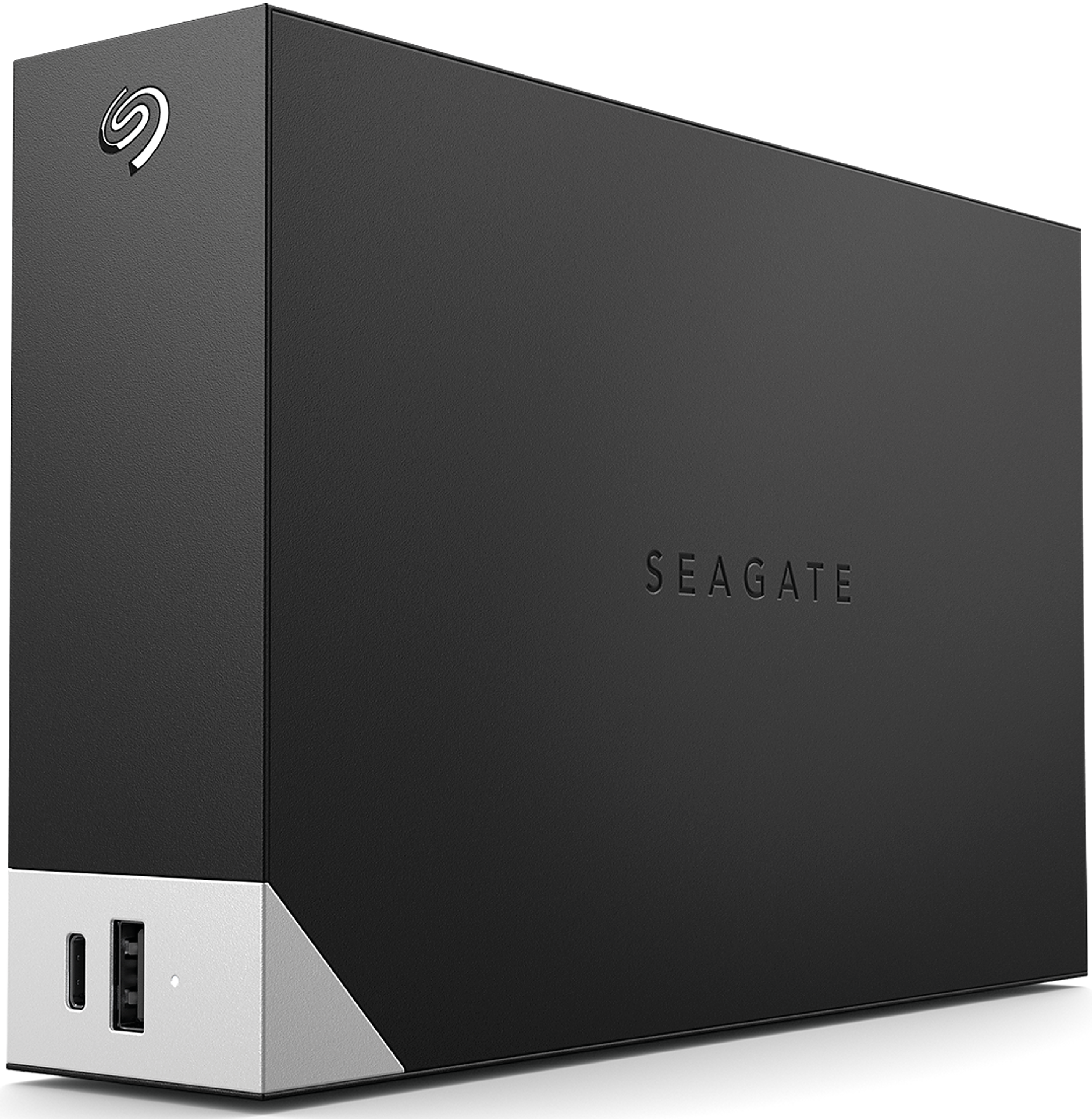 Schwarze externe Festplatte von Seagate. Ein USB-Anschluss ist auf der Vorderseite sichtbar.