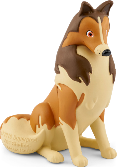 Zeichentrickhund, Lassie, sitzend, cremefarbenes und braunes Fell.