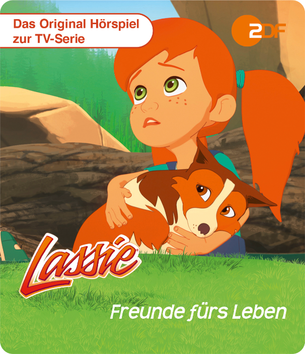 Zeichentrickmädchen umarmt einen Hund in einer Waldszene. Text und Logo unten im Bild.
