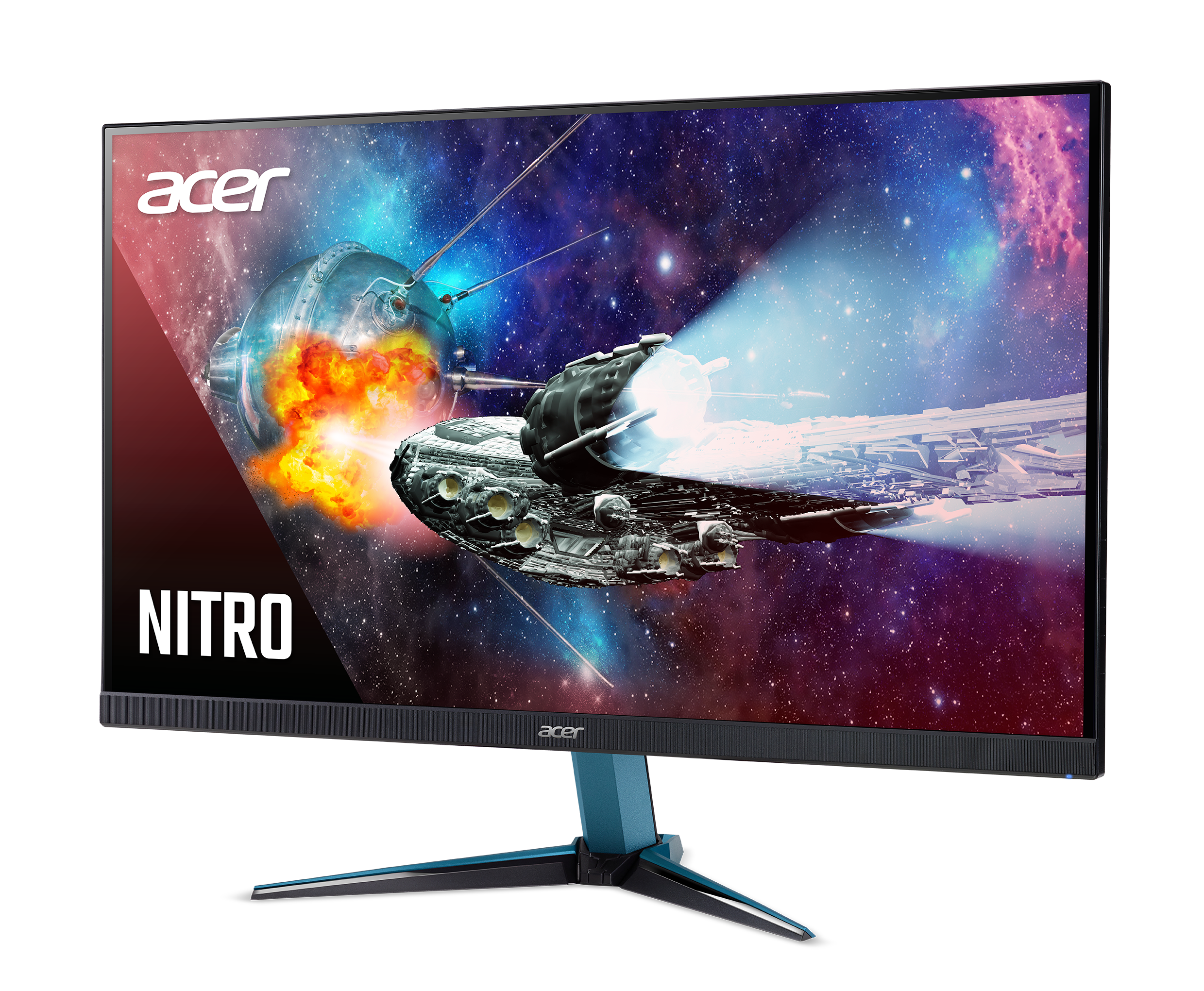 Monitor negro mostrando una escena espacial con una nave espacial, se ve la palabra NITRO.