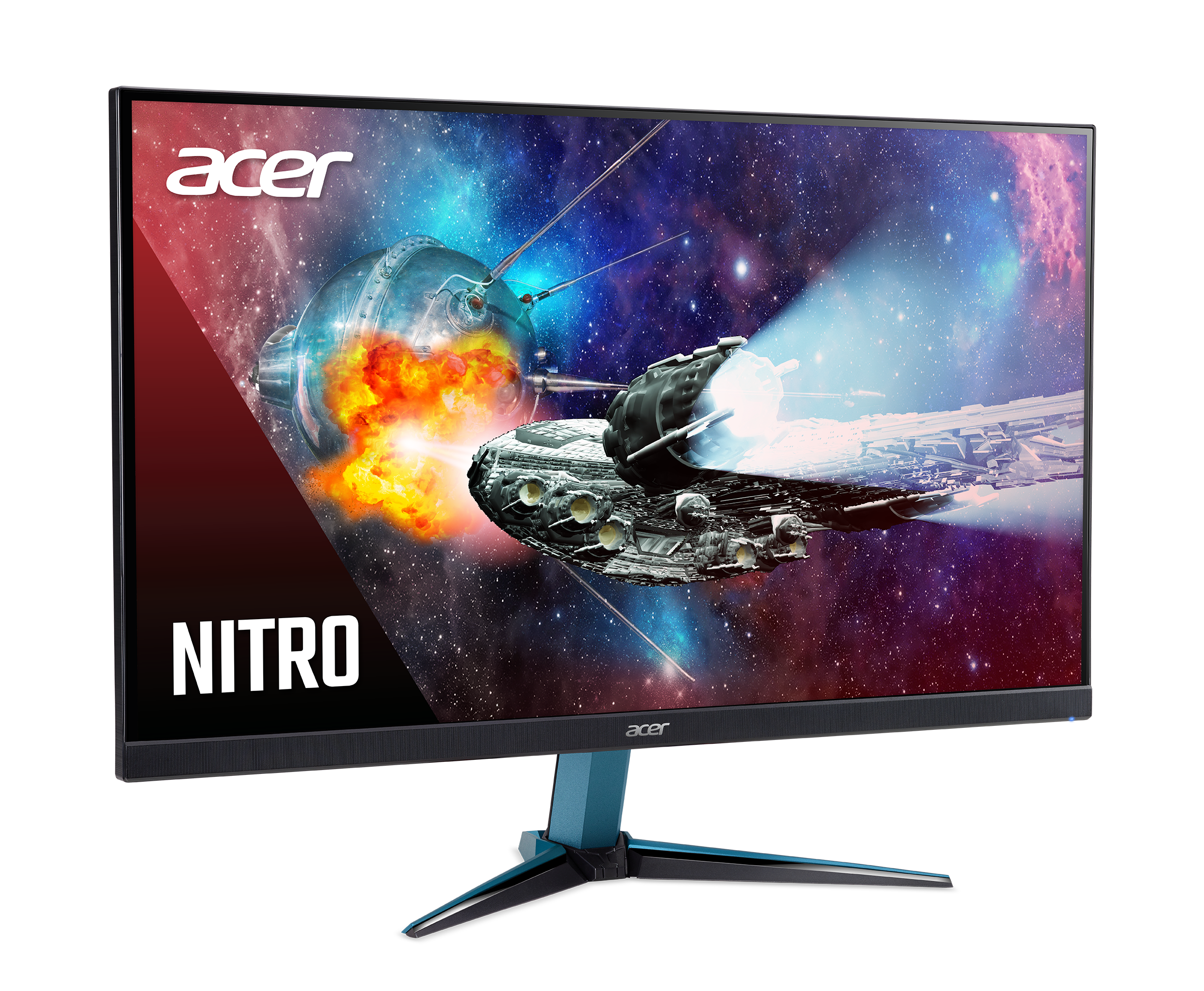 Monitor Acer Nitro negro con una escena de nave espacial. Marco negro y un soporte.