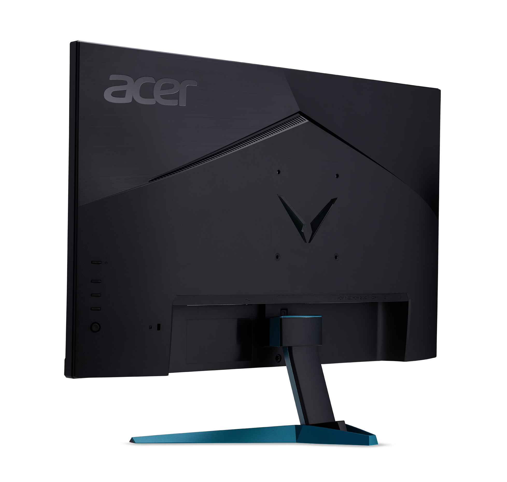 Vista trasera del monitor Acer negro. El soporte y los detalles son azules. Logotipo de Acer arriba.