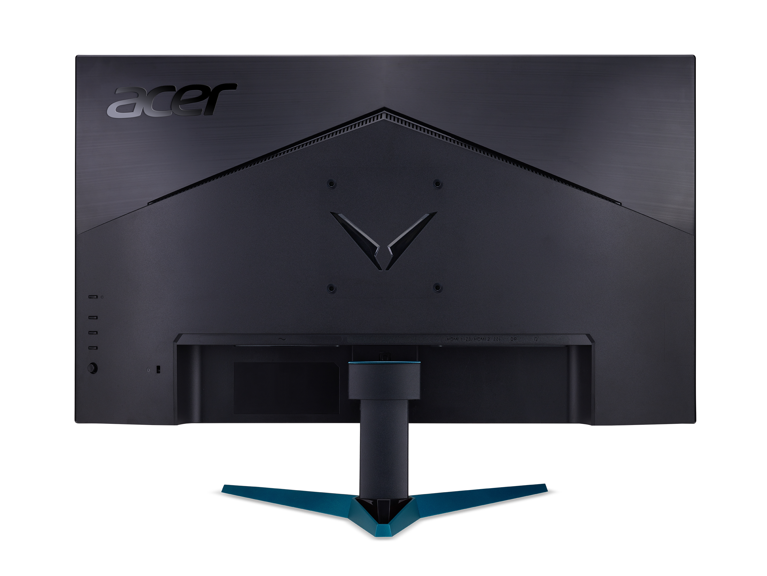Parte trasera del monitor Acer negro y azul sobre fondo negro.