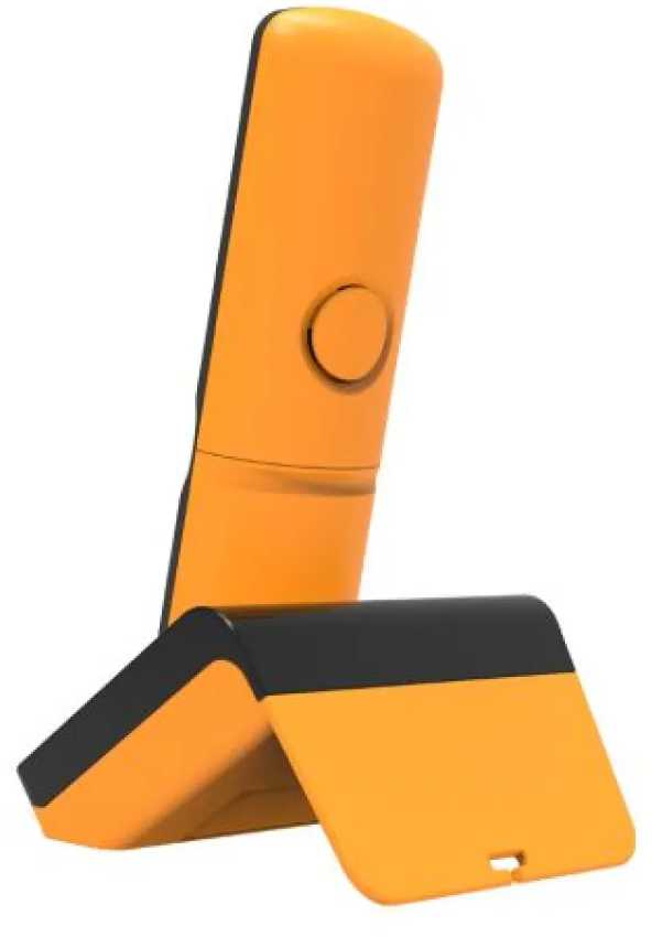 Egy narancssárga és fekete vezeték nélküli telefon állvánnyal.
