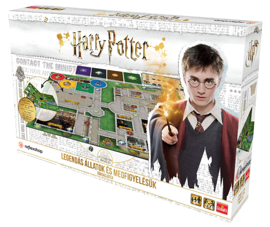 Harry Potter társasjáték doboz. Harryt és a játéktáblát ábrázolja. A háttér fehér és arany.