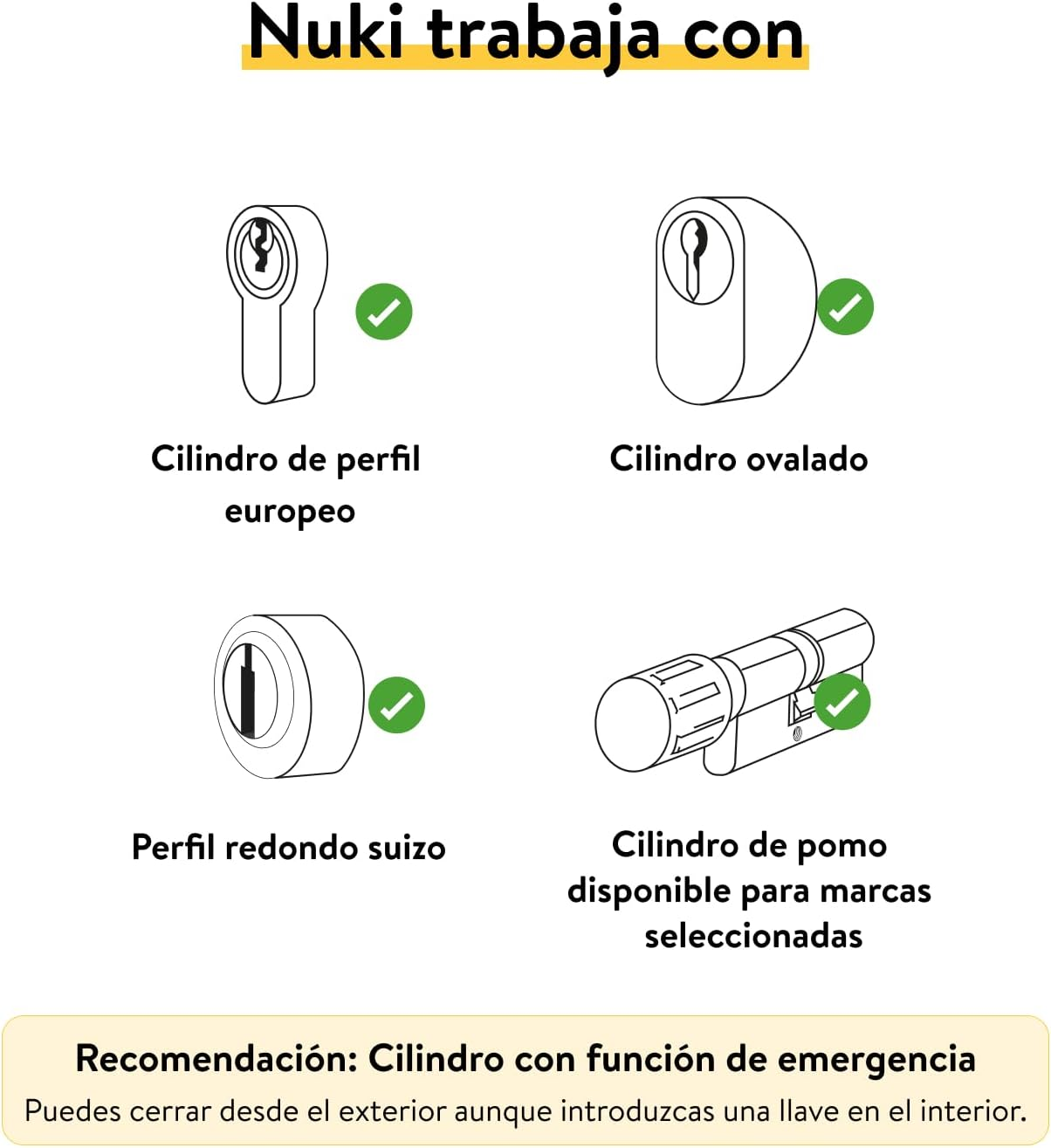 Diagrama de cilindros de cerraduras de puertas. Se muestran cuatro tipos con marcas de verificación verdes.