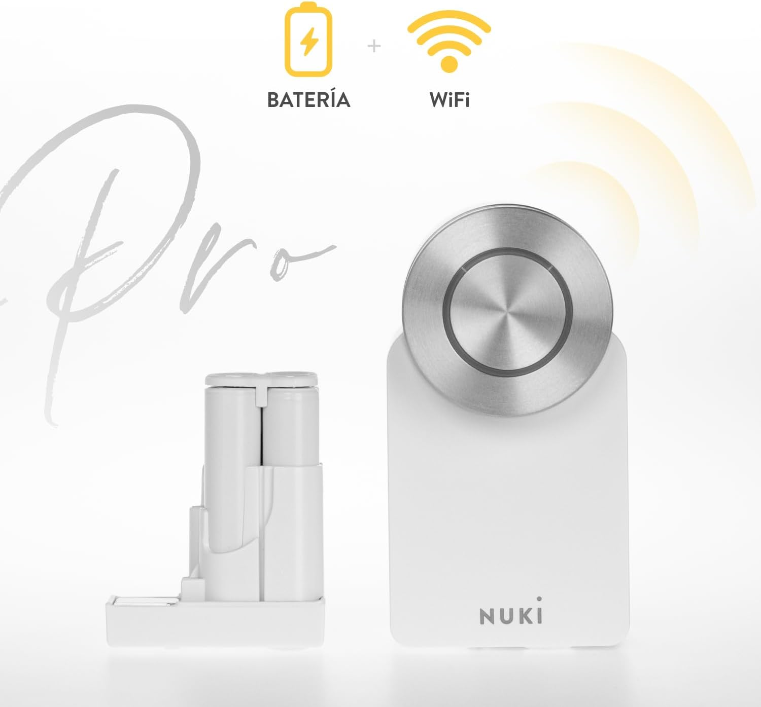 Cerradura inteligente blanca con una parte circular plateada. Un símbolo de batería y un símbolo de wifi arriba.