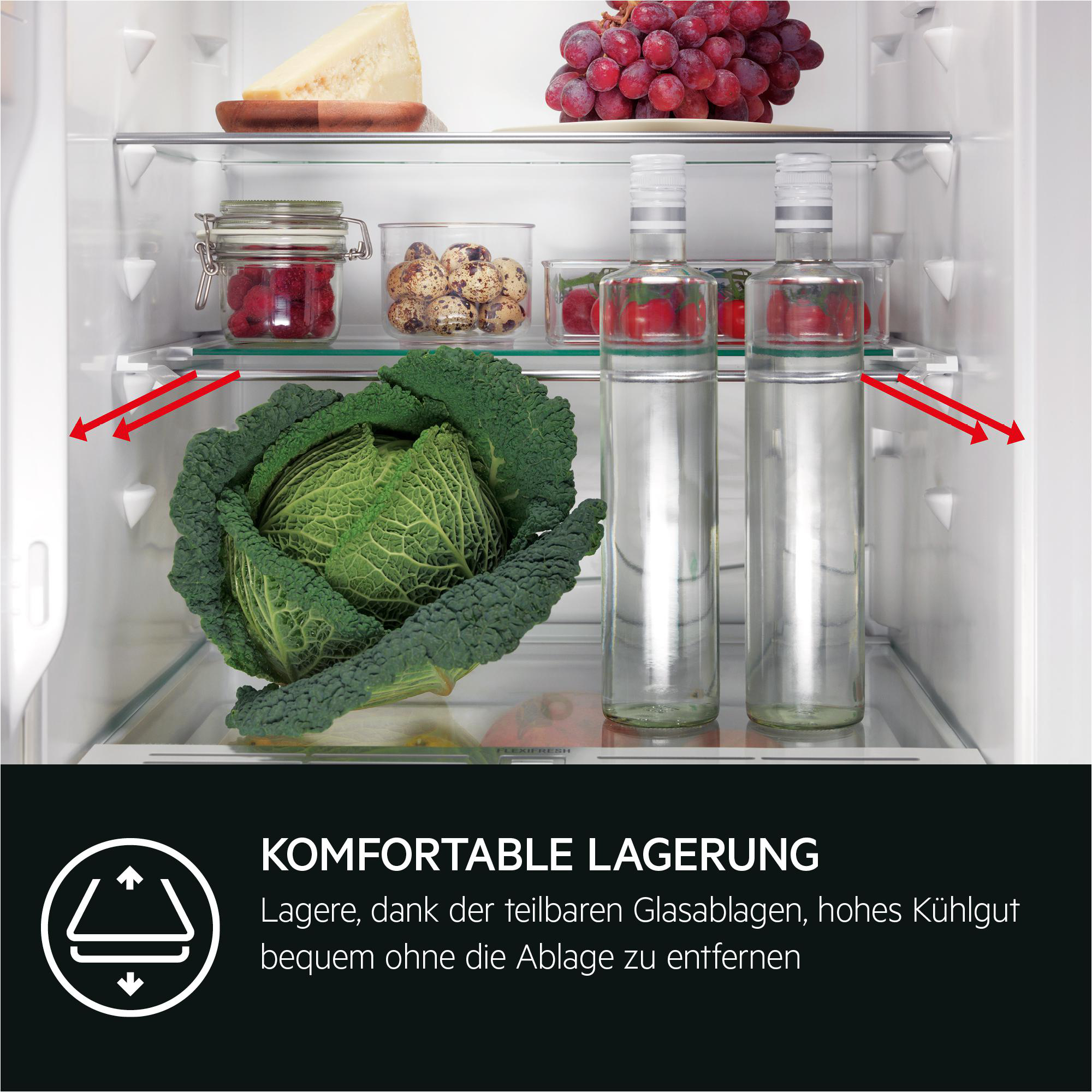 Kühlschrankinnenraum mit Regalen, einem Kohl, Getränken in Flaschen und Text zur Lagerung.