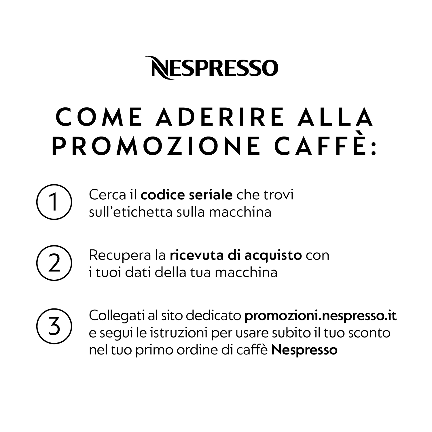 Istruzioni su sfondo bianco. Passaggi per richiedere una promozione sul caffè.