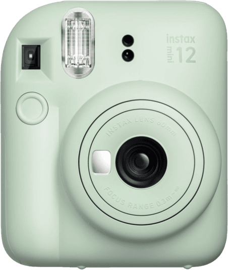 Un appareil photo Instax Mini 12 vert menthe, vue de face.