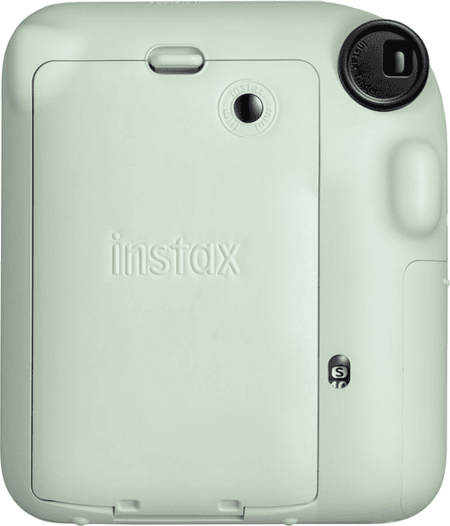 Dos d'un appareil photo Instax vert clair. Le logo 'instax' est au centre.