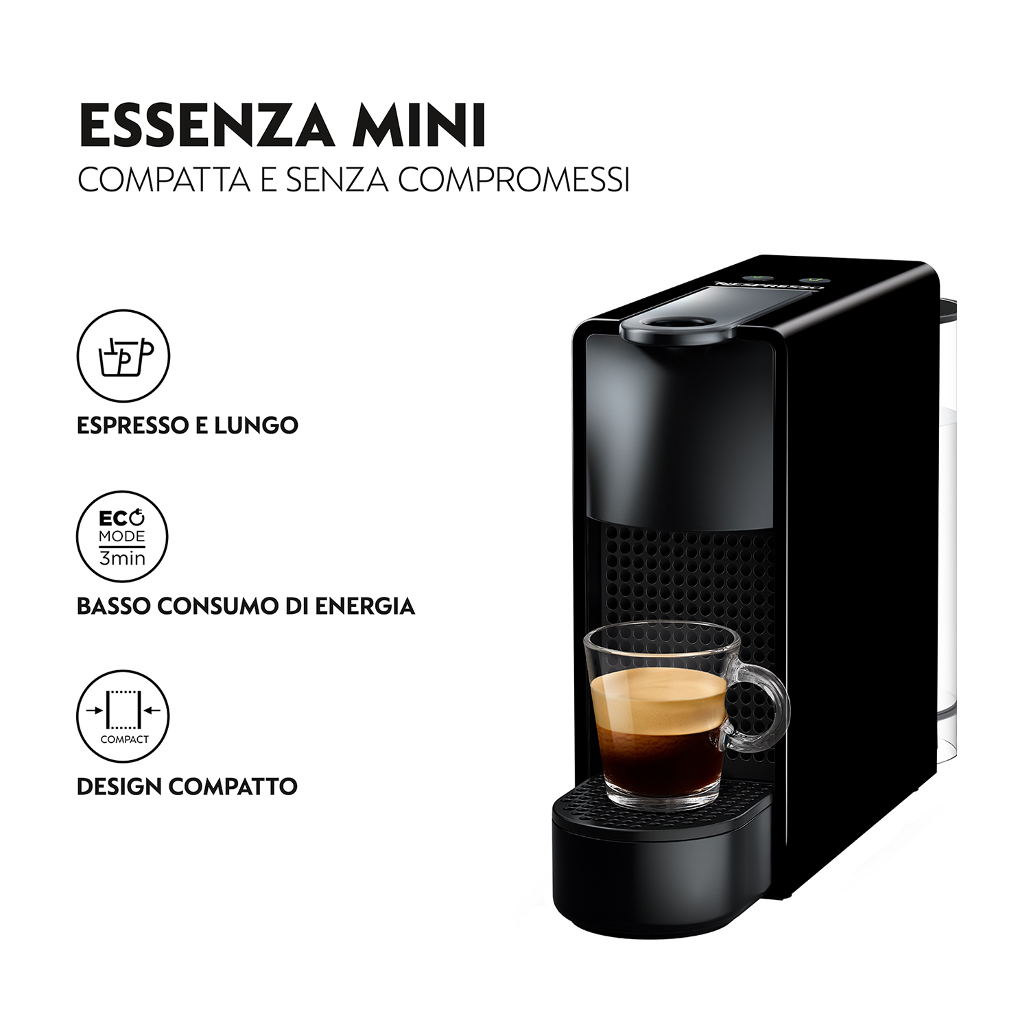 Macchina da caffè Nespresso Essenza Mini. Macchina compatta, nera con un bicchiere di caffè su sfondo bianco.