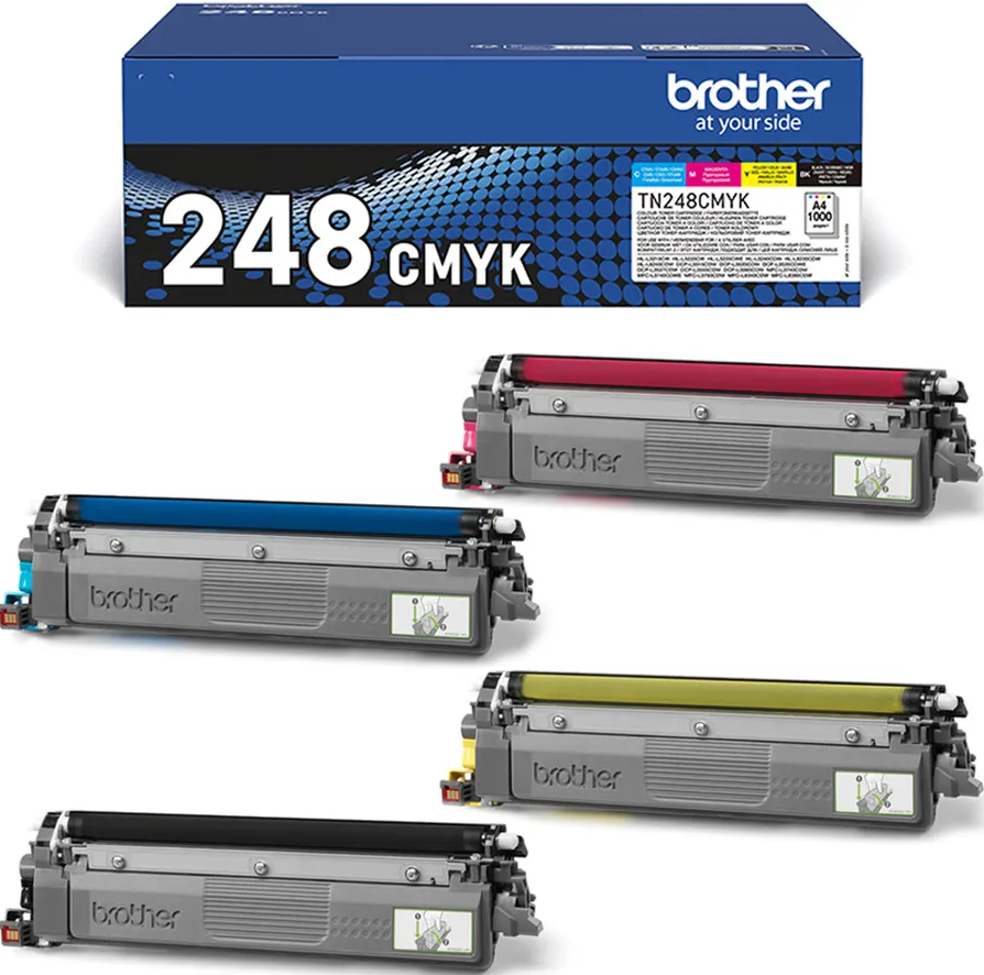 Cartouches d'encre Brother dans une boîte bleue, couleurs CMYK visibles.