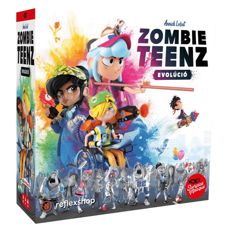 Dobozkép: Zombie Teenz Evolution társasjáték animált karakterekkel és játék elemekkel.
